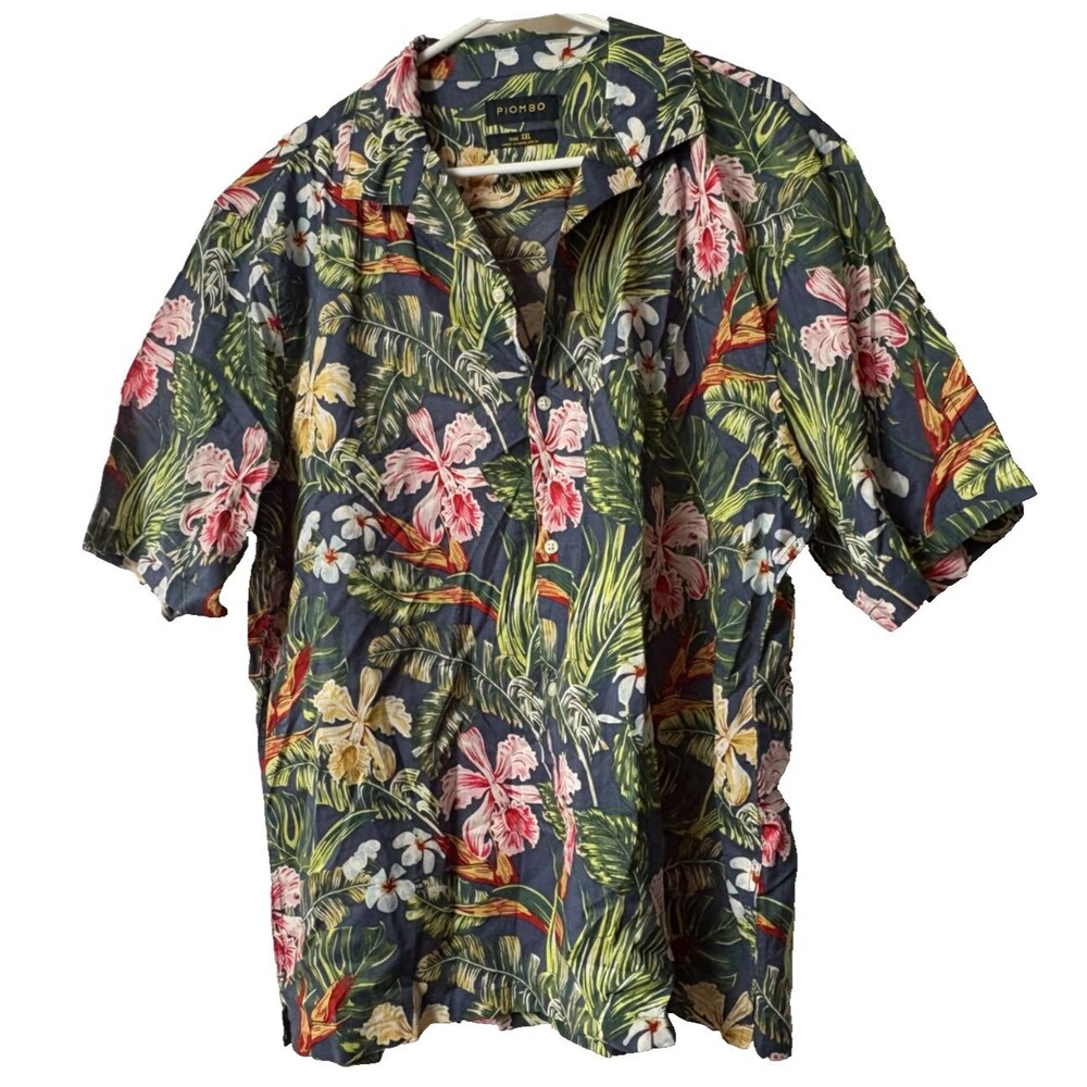 Piombo Mens Hawaiian Short Sleeve Shirt Blue Floral Tropic Cotton Size XXL New